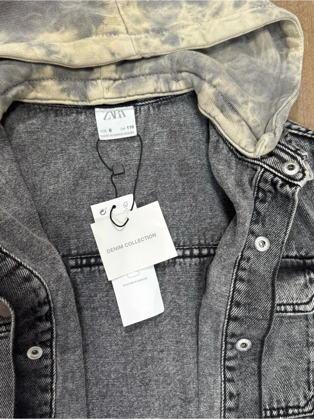 Zara Black Washed Denim Jacket with Gray Tie-Dye Hood - NEW
